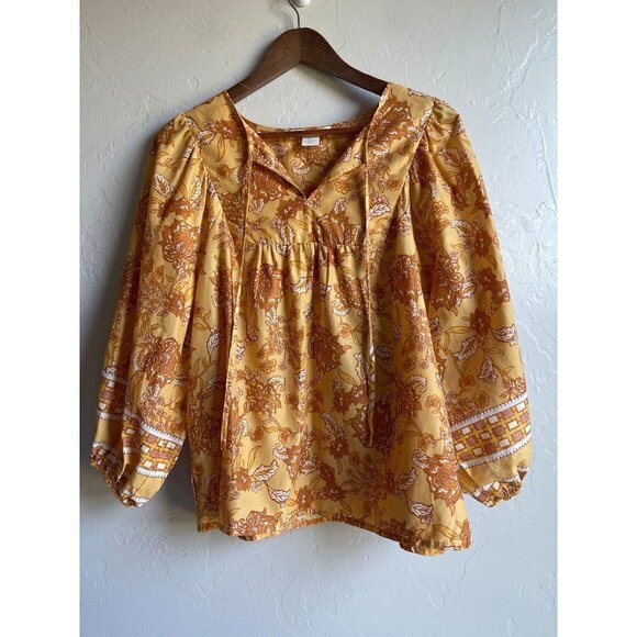 C&C California Mustard Yellow Floral 100% Cotton Peasant Top Tie Neck Size Large - Picture 7 of 12